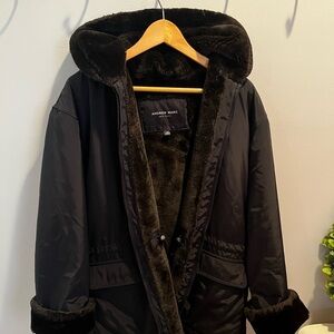 Andrew Marc Dark Brown Hooded Parka with Faux Fur Trim